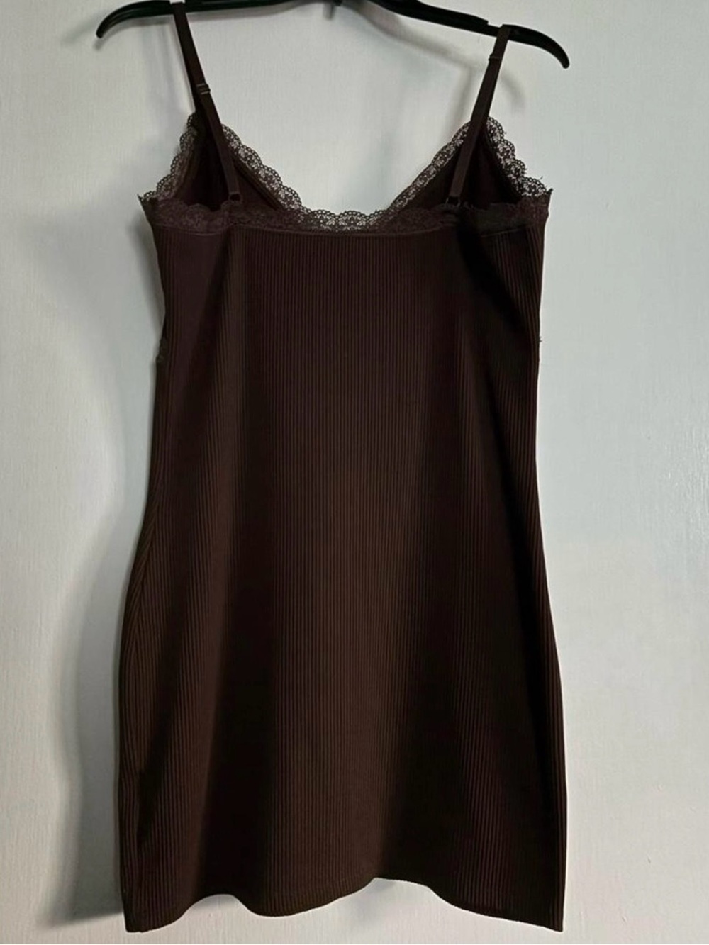 Women’s Brown Lace Trim Ribbed Slip Mini-Dress - Picture 3 of 4